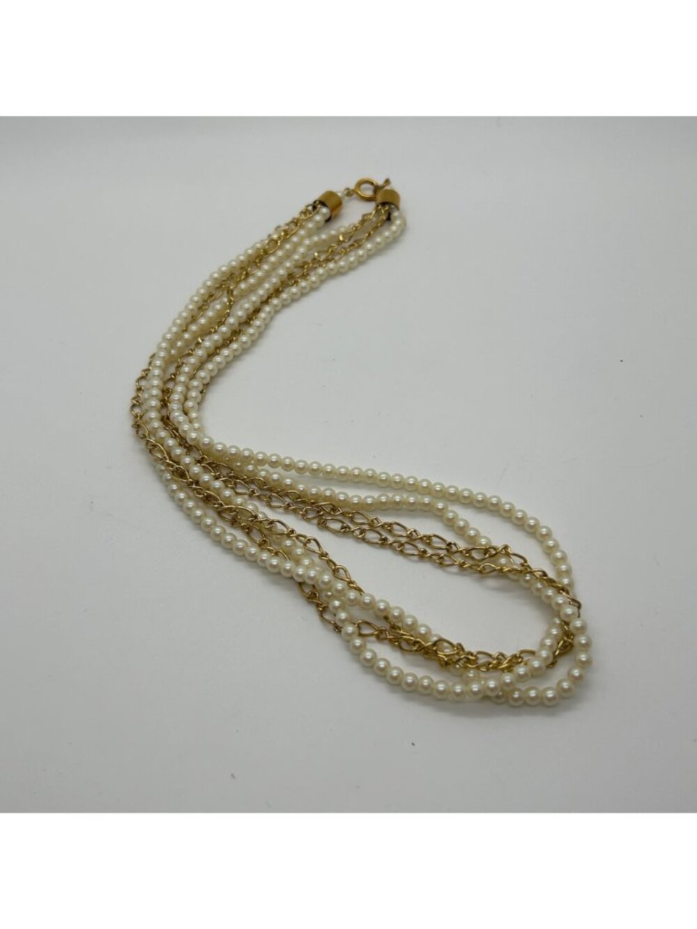 Vintage Stranded Necklace Faux Pearl Gold-tone Chain Torsade 20" Spring Ring - Picture 3 of 13